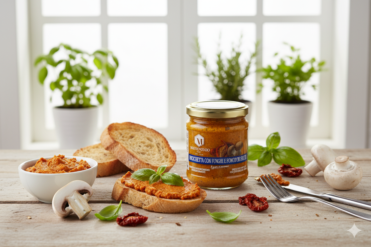 BRUSCHETTA CON FUNGHI E POMODORI SECCHI