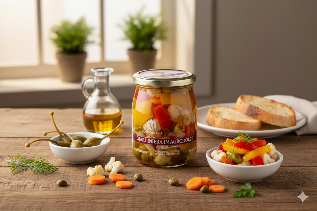GIARDINIERA IN AGRODOLCE 550g (PEPERONI, CAVOLFIORI, CAROTE, FINOCCHI, CUCUNCI frutti del cappero)