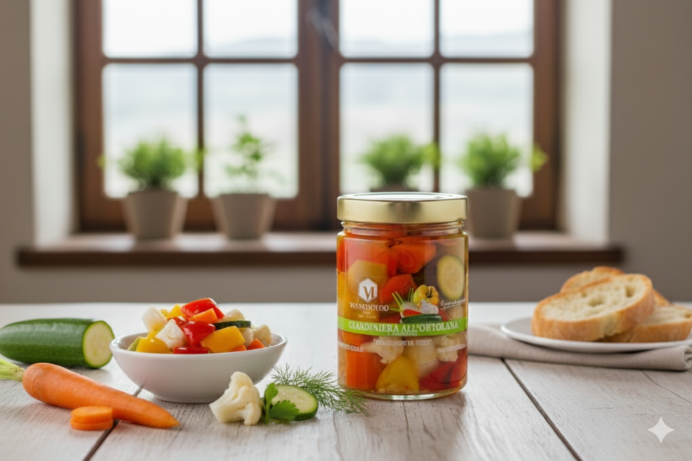 GIARDINIERA ALL'ORTOLANA IN AGRODOLCE 550g (PEPERONI, CAVOLFIORI, CAROTE, FINOCCHI, ZUCCHINE)