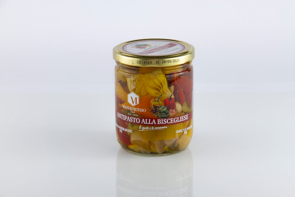 ANTIPASTO ALLA BISCEGLIESE 400g (CARCIOFI, FUNGHI, PEPERONI, OLIVE)